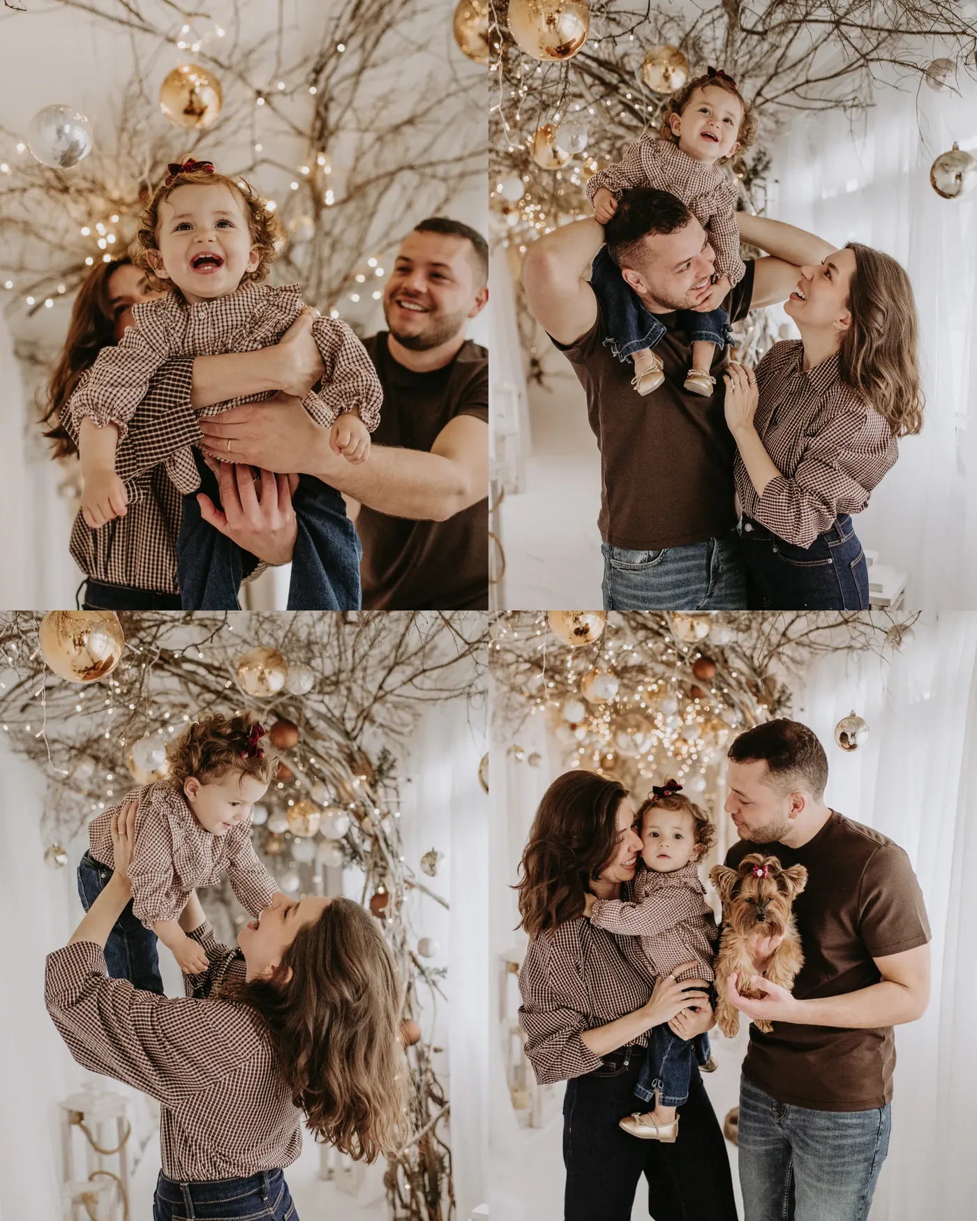 Casal erguendo a filha pequena no colo, os três rindo sob o arco de galhos com bolas douradas; na última foto, a cachorrinha da família no colo do pai