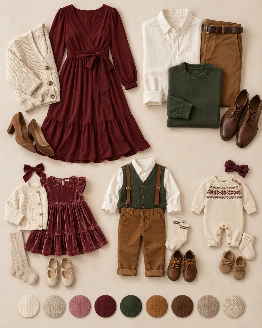Prancha de referência com looks em verde floresta, bordô e dourado